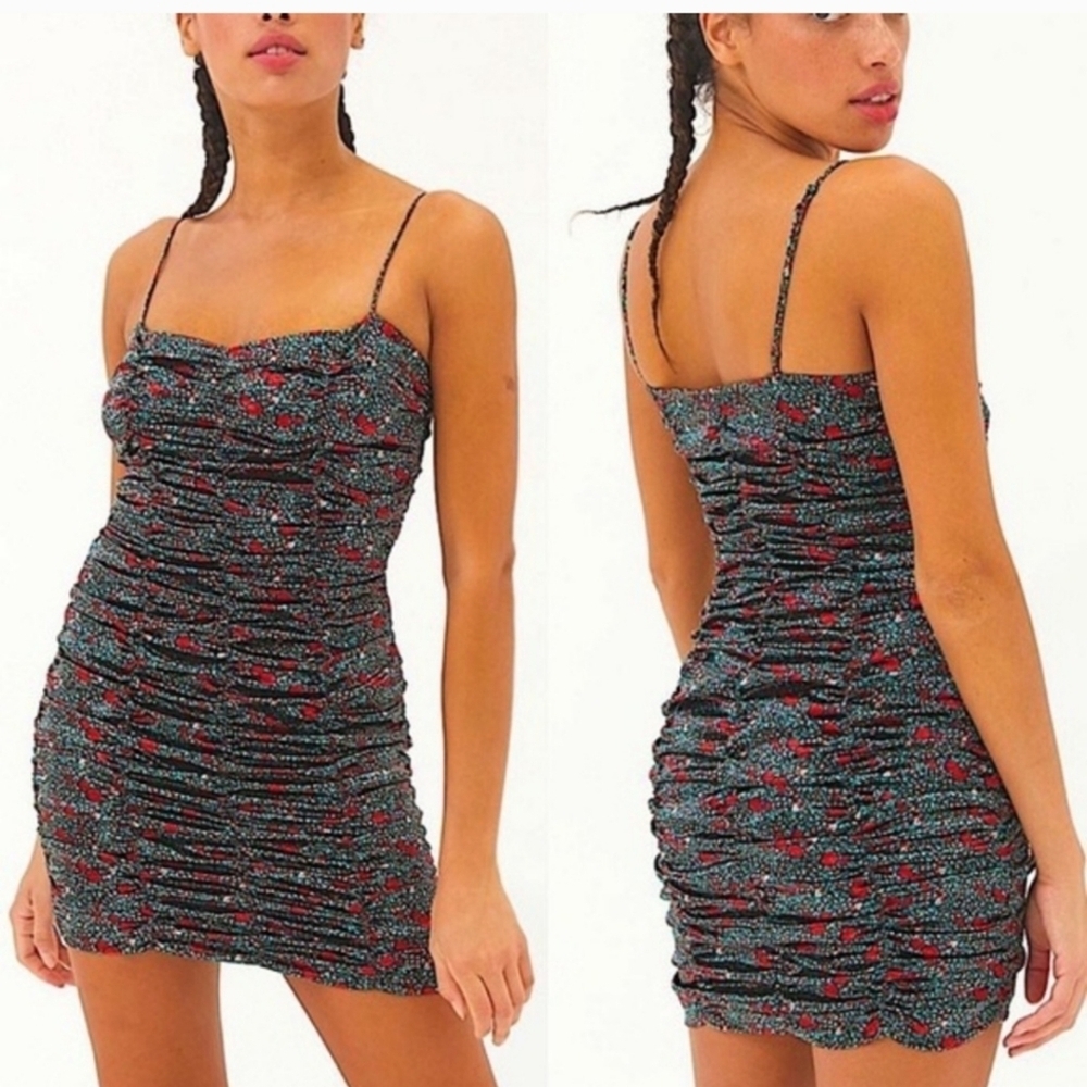 Urban Outfitters Green and Red Floral Rushed Strappy Mini dress size S